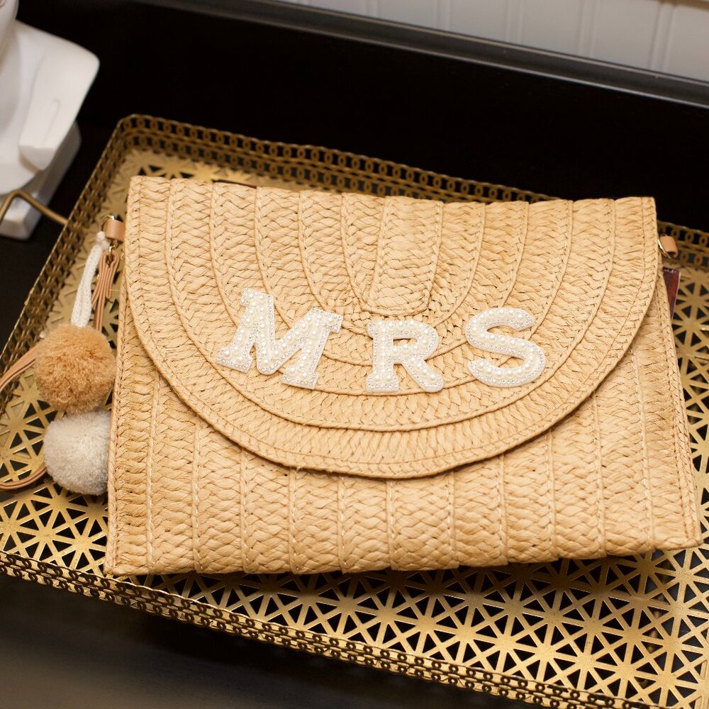 MRS Straw Crossbody / Clutch – Pearl Letter Detail – Bridal / Bachelorette Bag